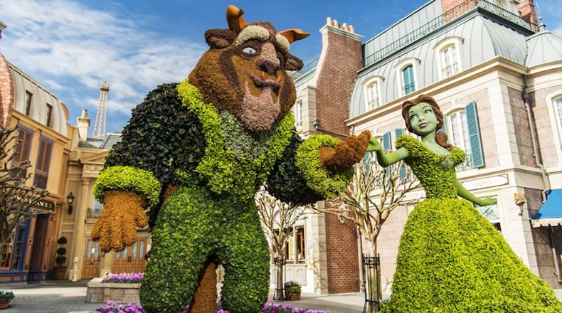 A Belle topiary, based on the Disney animated classic, "Beauty and the Beast," graces the entrance of the France Pavilion at the 2017 Epcot International Flower & Garden Festival.