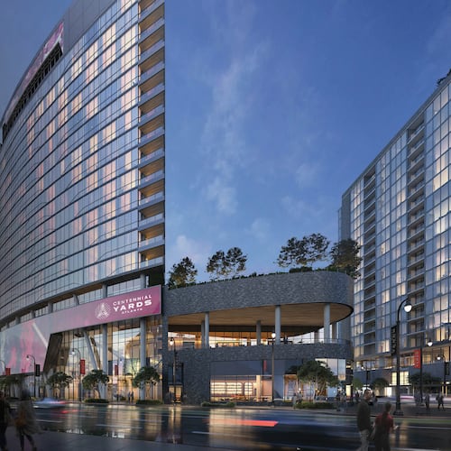 This is a rendering of Hotel Phoenix, a 19-story luxury hotel set to open Dec. 1 at Centennial Yards in downtown Atlanta. (Courtesy of Gensler/Centennial Yards)