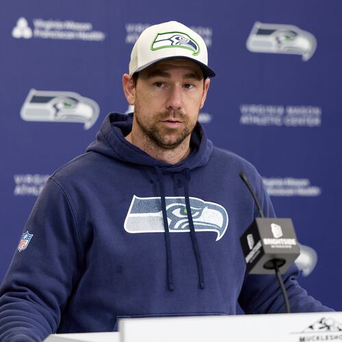 Seattle Seahawks offensive coordinator Klint Kubiak speaks during news conference at the team's facilities, Thursday, Jan. 22, 2026, in Seattle. (AP Photo/John Froschauer)