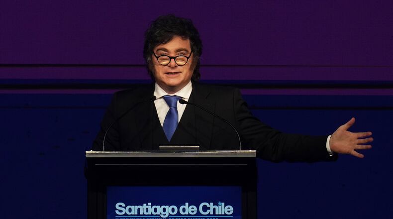Argentina's President Javier Milei speaks at the Madrid Forum in Santiago, Chile, Thursday, Sept. 3, 2026. (AP Photo/Esteban Felix)