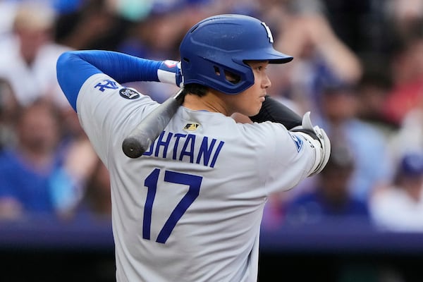 Los Angeles Dodgers' Shohei Ohtani bats during the second inning of a baseball game against the Kansas City Royals, Sunday, June 29, 2025, in Kansas City, Mo. (AP Photo/Charlie Riedel)