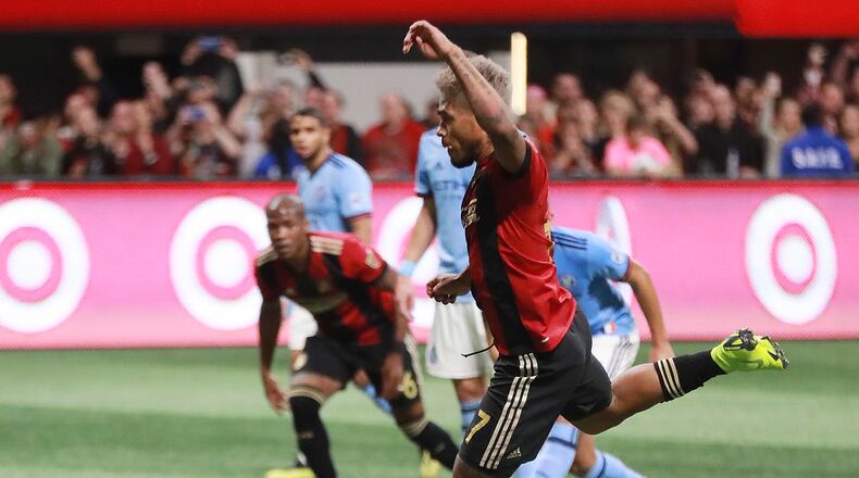Atlanta United Josef Martinez scores the team’s first goal on a penalty kick for a 1-0 lead over New York City during the first half in their MLS Eastern Conference Semifinal playoff match on Sunday, Nov. 11, 2018, in Atlanta.  Curtis Compton/ccompton@ajc.com