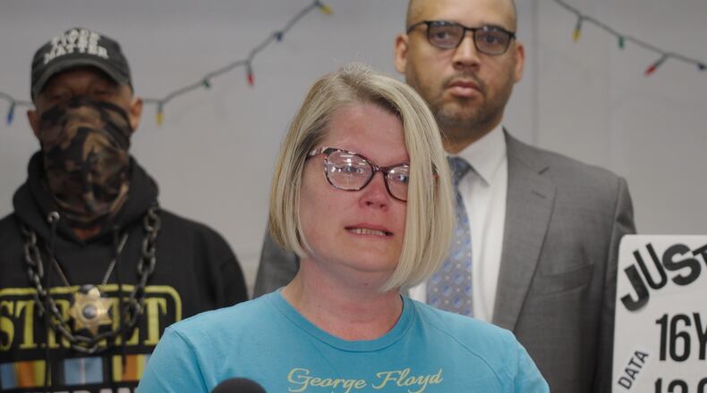 In this photo made from a video, Courteney Ross, George Floyd's girlfriend, speaks to reporters on Thursday, June 4, 2026, in Minneapolis, about a moment of silence honoring former Minneapolis police officer Derek Chauvin that was held at a state GOP convention. (AP Photo/Mark Vancleave) CORRECTION: Name corrected to Floyd instead of Flyod