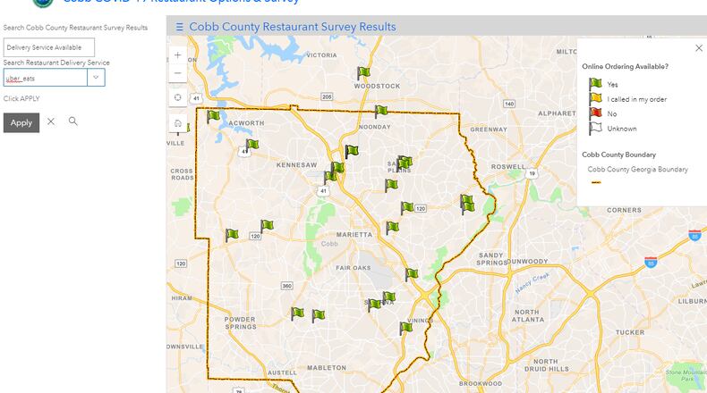 This map shows user-submitted information about restaurants that are delivering to customers using Uber Eats.