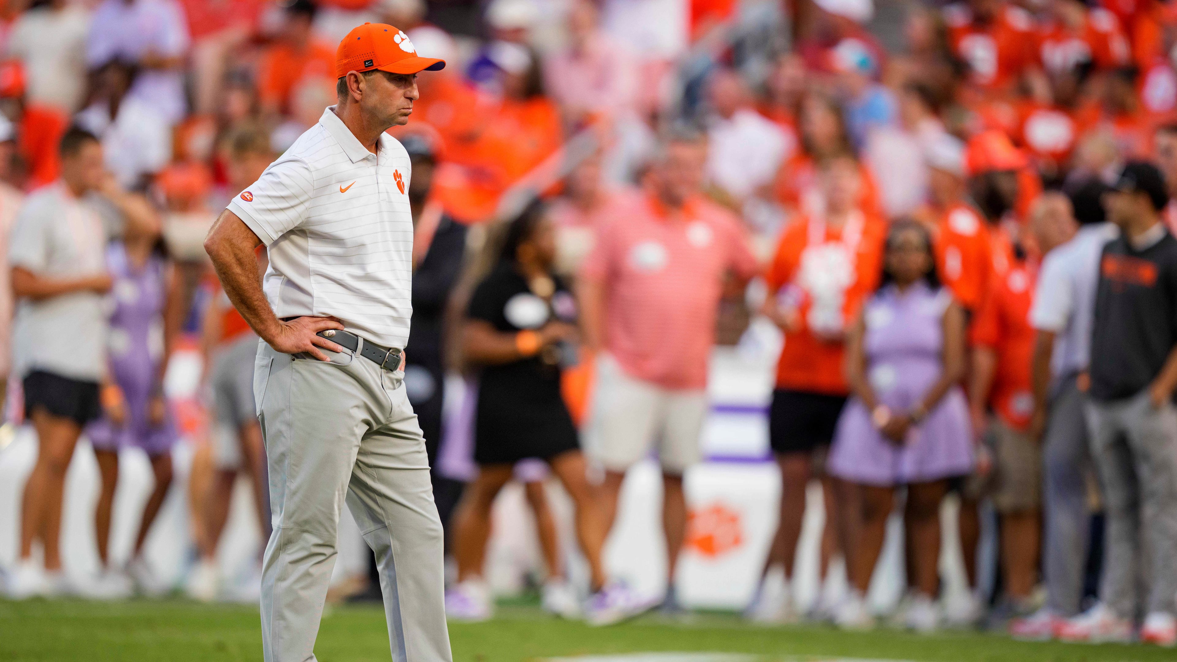 Clemson head coach Dabo Swinney looks on before an NCAA college football game against LSU, Saturday, Aug. 30, 2025, in Clemson, S.C. (AP Photo/Jacob Kupferman)