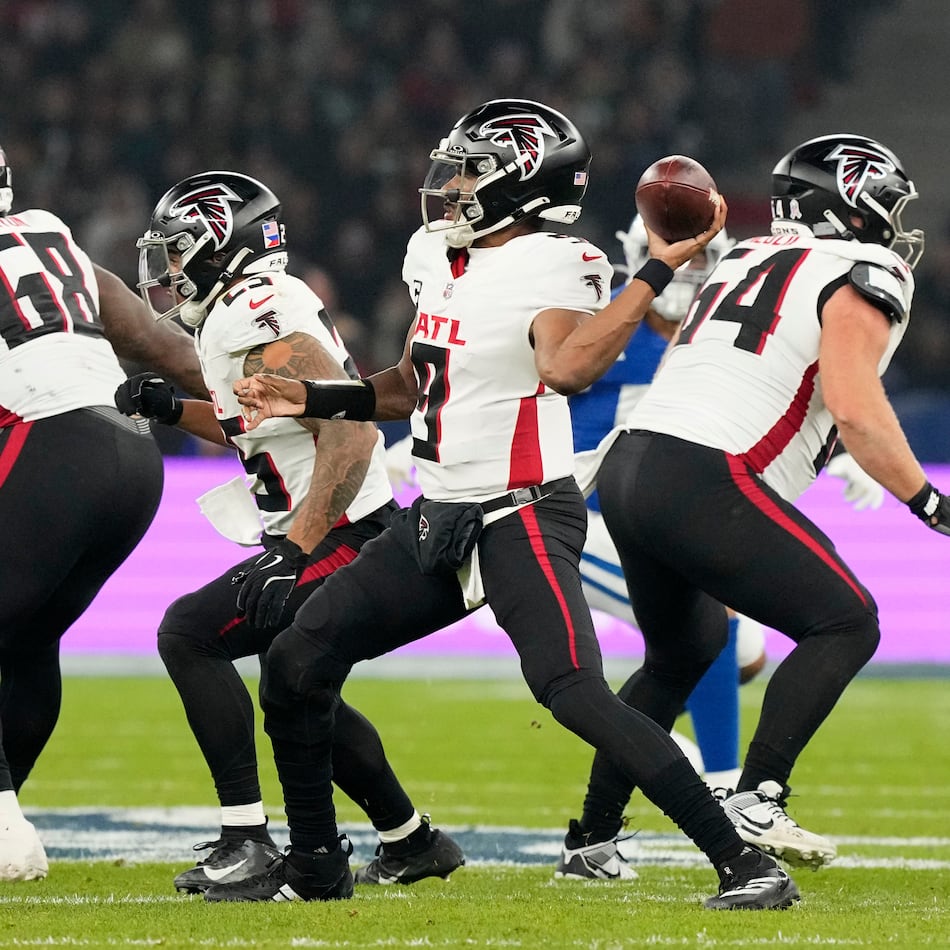 Atlanta Falcons quarterback Michael Penix Jr. (9) throws a pass during the second half of an NFL football game against the Indianapolis Colts, Sunday, Nov. 9, 2025, in Berlin, Germany. (AP Photo/Martin Meissner)