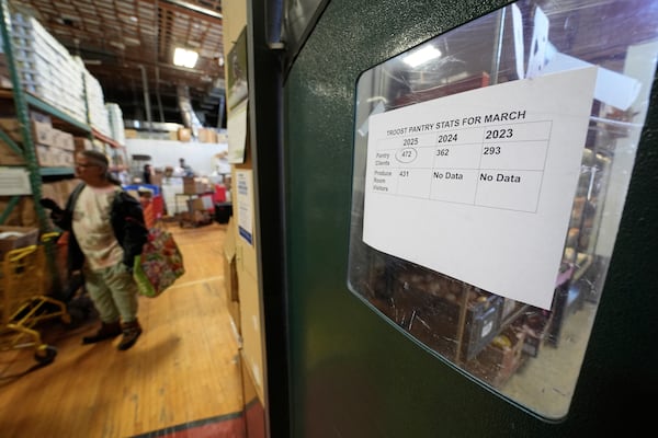 A client picks up staples at the Bishop Sullivan Center food pantry, Tuesday, April 15, 2025, in Kansas City, Mo. (AP Photo/Charlie Riedel)