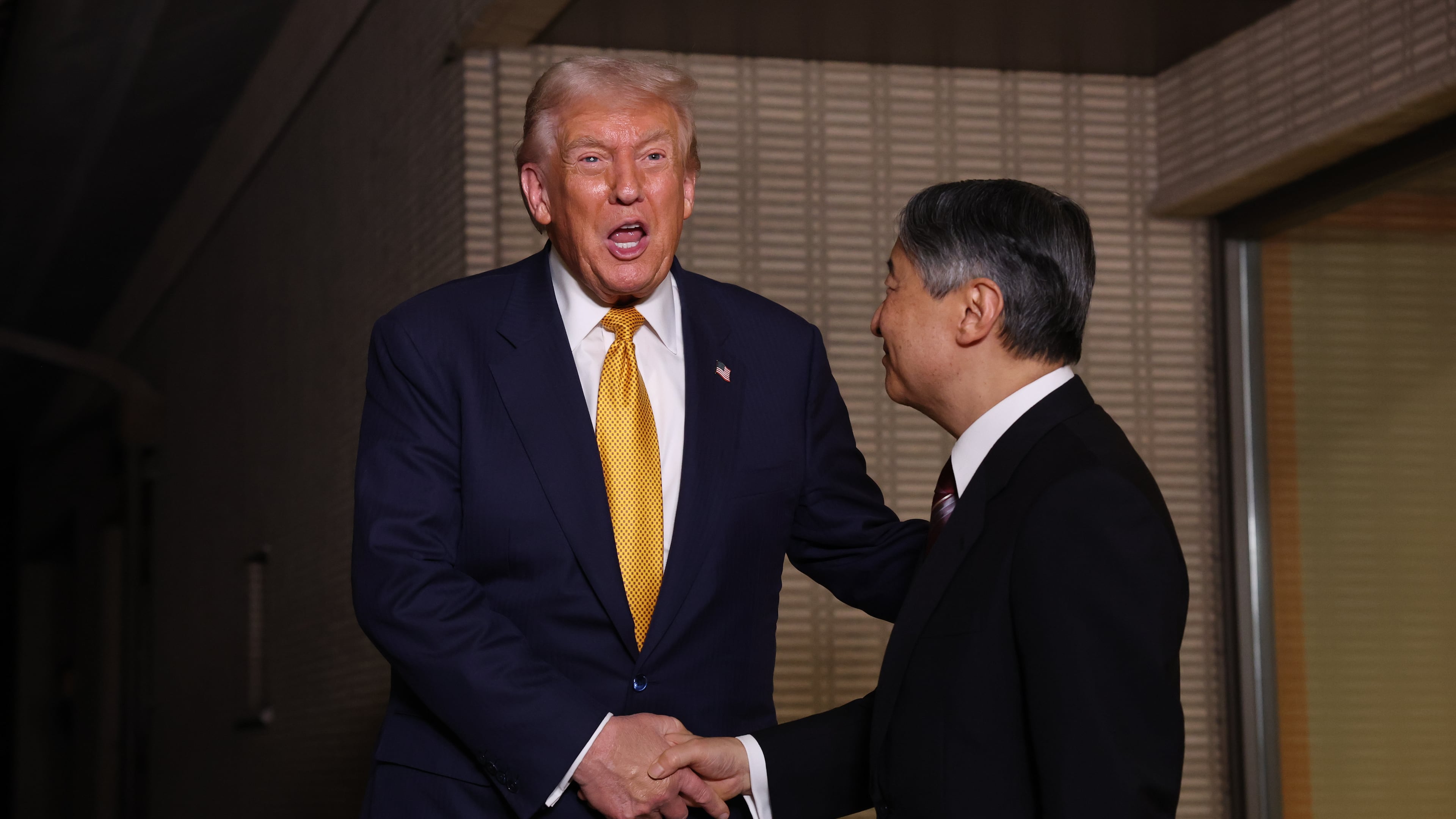 President Donald Trump, left, and Japan's Emperor Naruhito shake hands during their meeting at the Imperial Palace in Tokyo, Oct. 27, 2025. (Issei Kato/Pool Photo via AP)