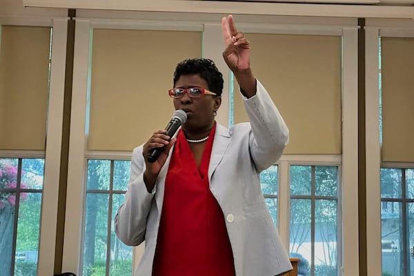 Democrat Keisha Sean Waites makes a point during a speech at a candidate forum for the Georgia Public Service Commission runoff in Fayetteville, Ga., on Thursday, July 10, 2025. (AP Photo/Jeff Amy)