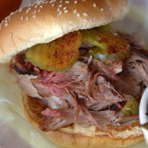 A pulled pork sandwich from Fox Bros. Bar-B-Q is one of six finalists for the Best Pulled Pork Sandwich in Atlanta. The blind taste test took place Thursday, June 18, 2026. (Becky Stein for the AJC)