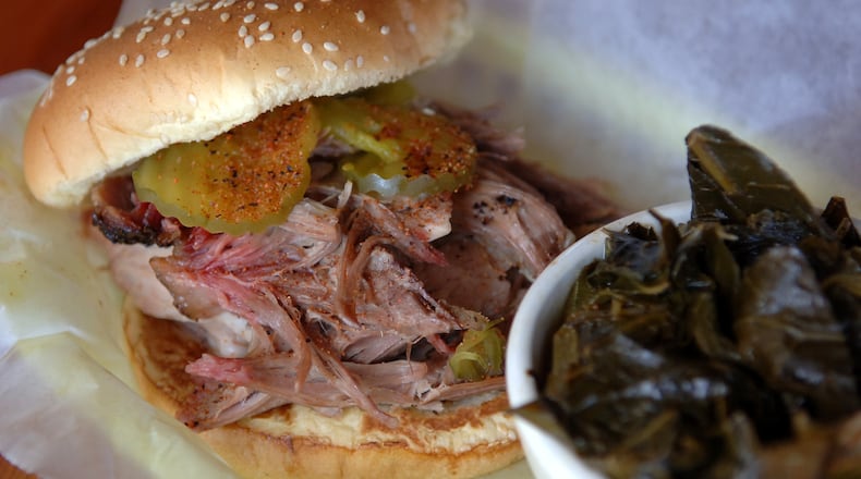 A pulled pork sandwich from Fox Bros. Bar-B-Q is one of six finalists for the Best Pulled Pork Sandwich in Atlanta. The blind taste test took place Thursday, June 18, 2026. (Becky Stein for the AJC)