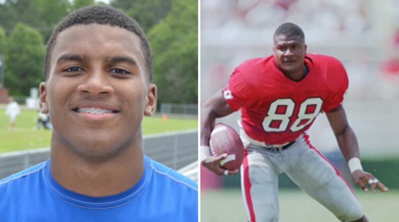 UGA legacy Jaden Hunter (left) is a four-star prospect for the Class of 2017. Georgia’s Brice Hunter (right) runs without his helmet in this 1995 file photo. PHOTO CREDIT: Michael Carvell / AJC File