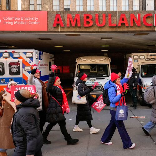 Nurses strike outside New York-Presbyterian Hospital, Monday, Jan. 12, 2026, in New York. (AP Photo/Yuki Iwamura)