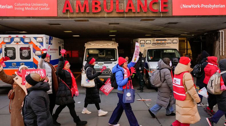 Nurses strike outside New York-Presbyterian Hospital, Monday, Jan. 12, 2026, in New York. (AP Photo/Yuki Iwamura)