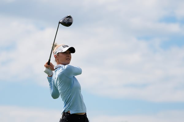 Nelly Korda hits from the seventh tee during the first round of the Mizuho Americas Open golf tournament, Thursday, May 8, 2025, in Jersey City, N.J. (AP Photo/Seth Wenig)