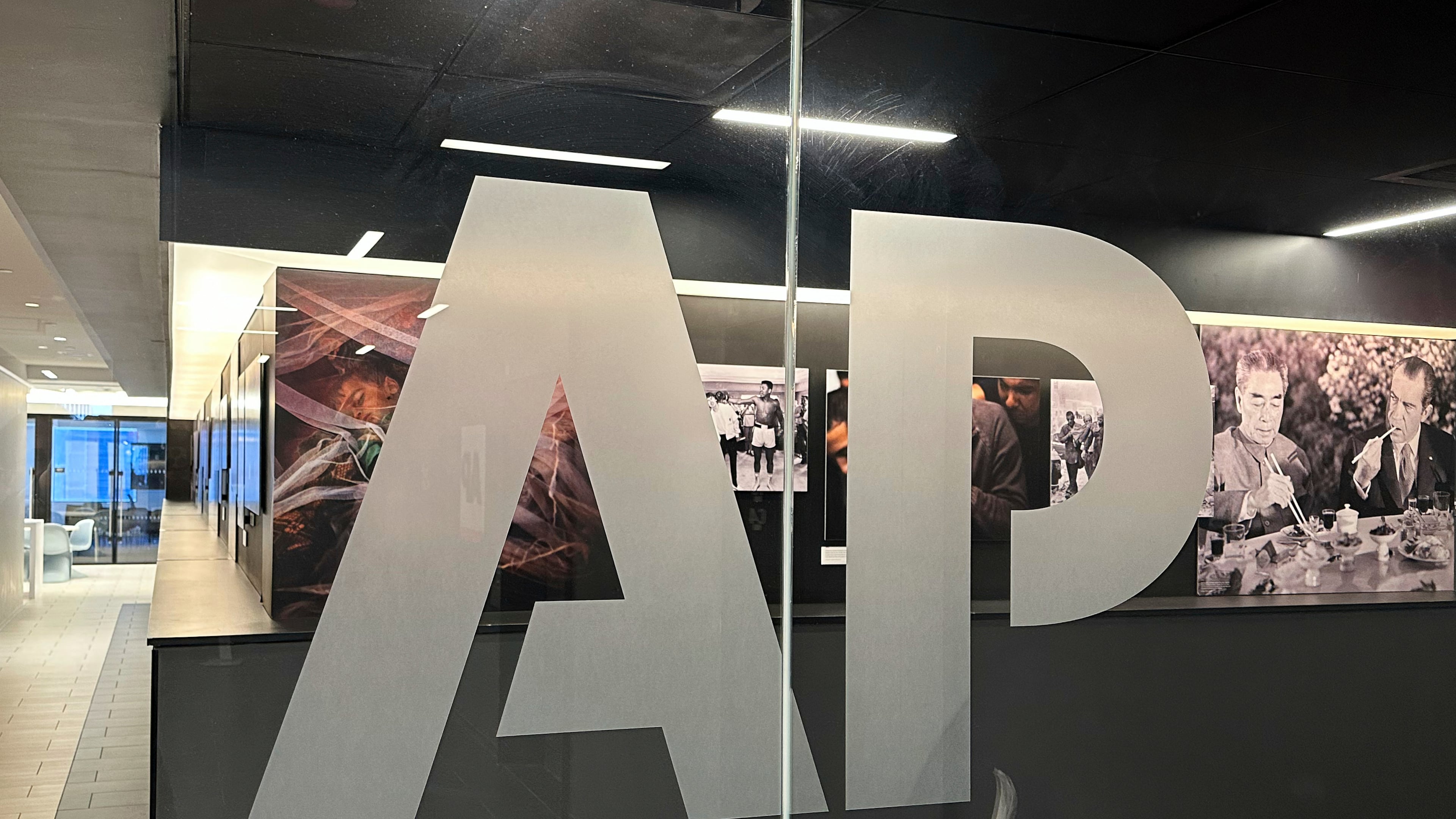 FILE - The Associated Press logo is displayed at the news organization's world headquarters in New York on April 9, 2025. (AP Photo/Aaron Jackson, File)