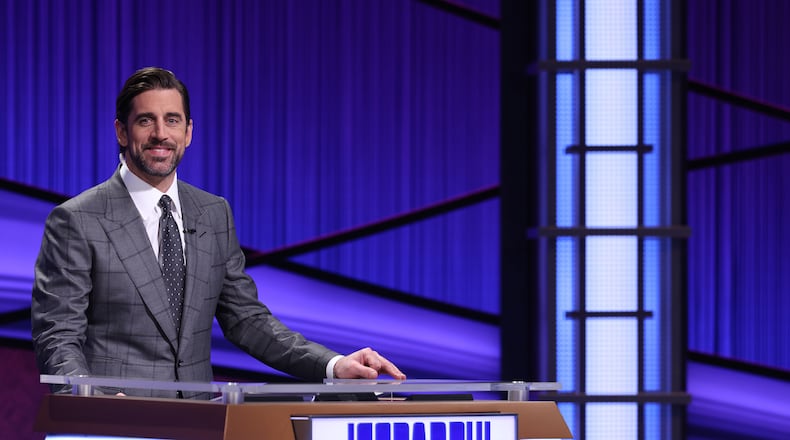 Green Bay Packers quarterback Aaron Rodgers began his two-week stint as guest host of “Jeopardy!” on Monday. 
Think of it as an audition. The Super Bowl MVP has been a fan of the game show since childhood and a “Celebrity Jeopardy!” winner in 2015. (Courtesy Jeopardy Productions, Inc./TNS)