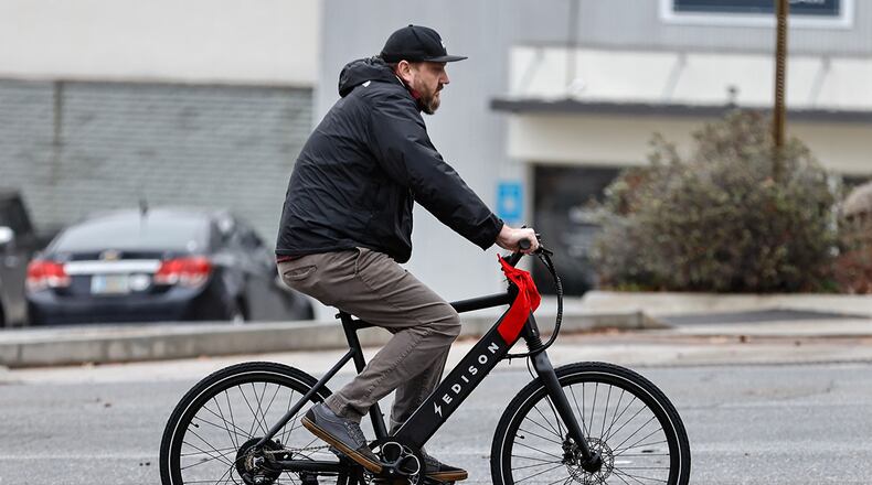 Jeff Beach takes his new e-bike from Edison Electric Bicycle for a test ride. Atlanta City Council members are looking to extend the city’s popular e-bike voucher program. (Natrice Miller/AJC 2022)
