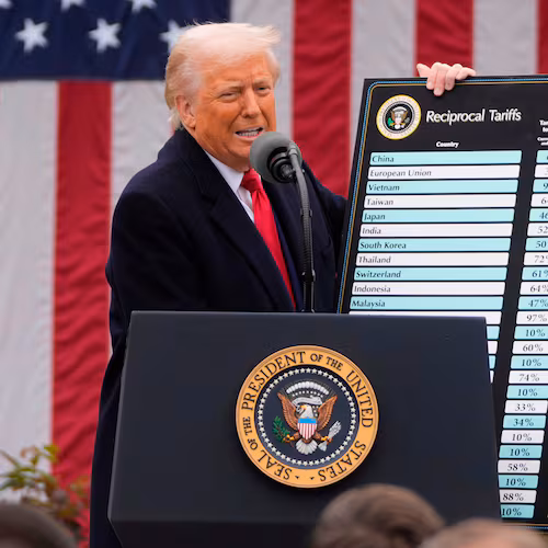 FILE - President Donald Trump speaks during an event to announce new tariffs in the Rose Garden at the White House on April 2, 2025, in Washington. (AP Photo/Mark Schiefelbein, File)