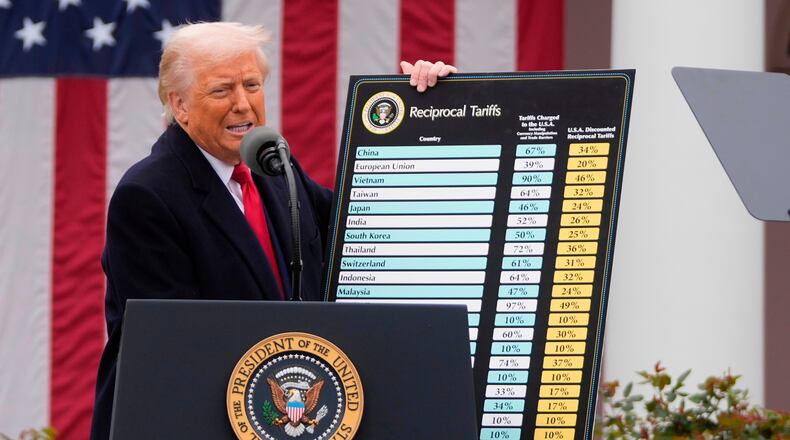 FILE - President Donald Trump speaks during an event to announce new tariffs in the Rose Garden at the White House on April 2, 2025, in Washington. (AP Photo/Mark Schiefelbein, File)