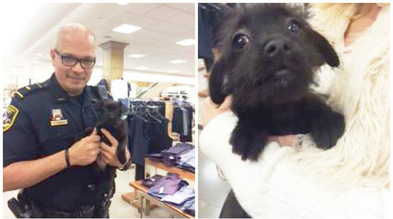 Dunwoody police Lt. Fidel Espinoza happened upon a puppy abandoned at Dillard's and helped save the puppy, which is being called Dilly.
