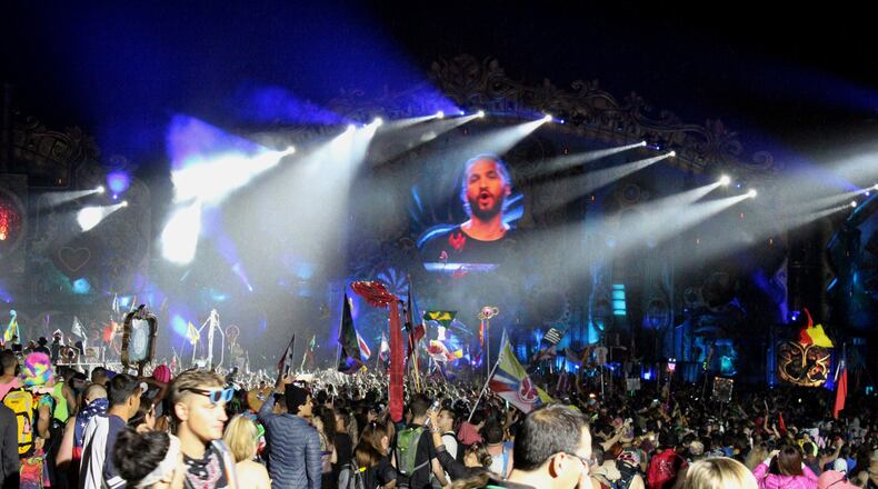 DJ Steve Angello got the massive crowd at the Main Stage bouncing with a snippet of Robin S.'s "Show Me Love." Photo: Melissa Ruggieri/AJC