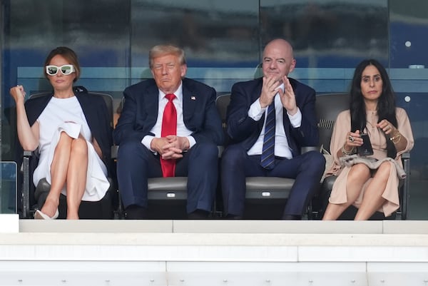 Leena Al Ashqar, from right, her husband FIFA President Gianni Infantino, President Donald Trump and first lady Melania Trump look on at the conclusion of the Club World Cup final soccer match, at MetLife Stadium in East Rutherford, N.J., Sunday, July 13, 2025. (AP Photo/Jacquelyn Martin)