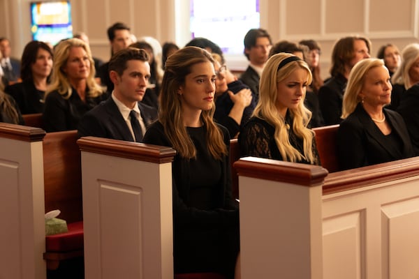 Dave Franco as Jonah, Allison Williams as Morgan and McKenna Grace as Clara shot this scene for "Regretting You" at Sardis Methodist Church in Buckhead. (Courtesy of Paramount Pictures)