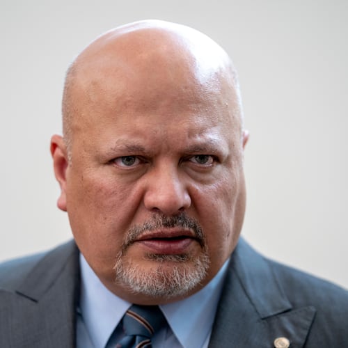 FILE - Karim Khan, Prosecutor of the International Criminal Court, looks up prior to a press conference in The Hague, Netherlands, July 3, 2023. (AP Photo/Peter Dejong, File)