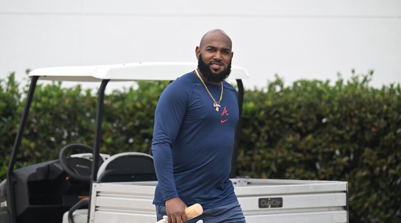 Atlanta Braves designated hitter Marcell Ozuna walks to an indoor batting practice facility during spring training workouts at CoolToday Park, Monday, February, 19, 2024, in North Port, Florida. (Hyosub Shin / Hyosub.Shin@ajc.com)