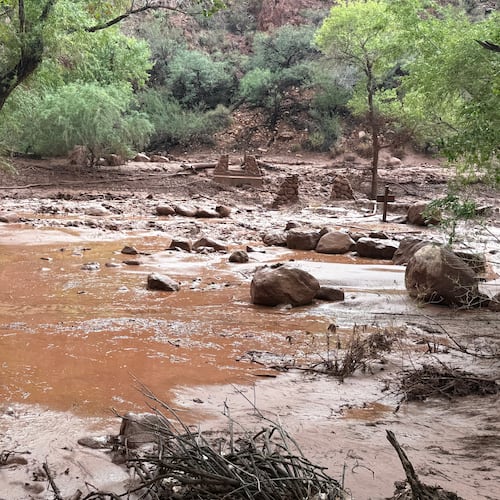 This photo provided by the National Park Service shows remnants of stone bridge pylons along Bright Angel Creek in the Grand Canyon following a flash flood that destroyed the footbridge, Saturday, Aug. 29, 2026. (James Thompson/National Park Service via AP)