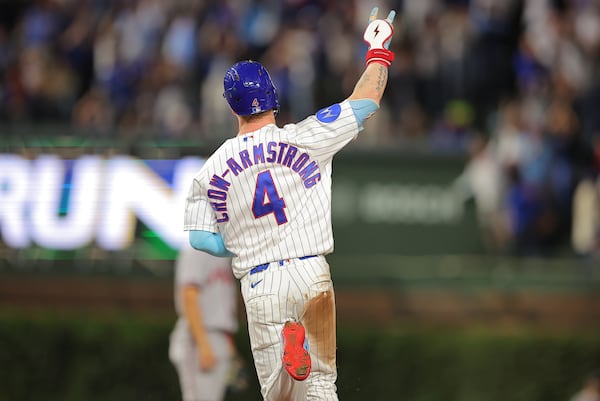 Cubs center fielder Pete Crow-Armstrong celebrates his home run against the Atlanta Braves on Wednesday, Sept. 16, 2026, in Chicago. (Melissa Tamez/AP)
