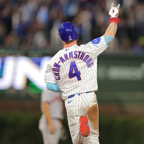 Cubs center fielder Pete Crow-Armstrong, the favorite for NL MVP, celebrates his home run against the Braves on Wednesday, Sept. 16, 2026, in Chicago. (Melissa Tamez/AP)