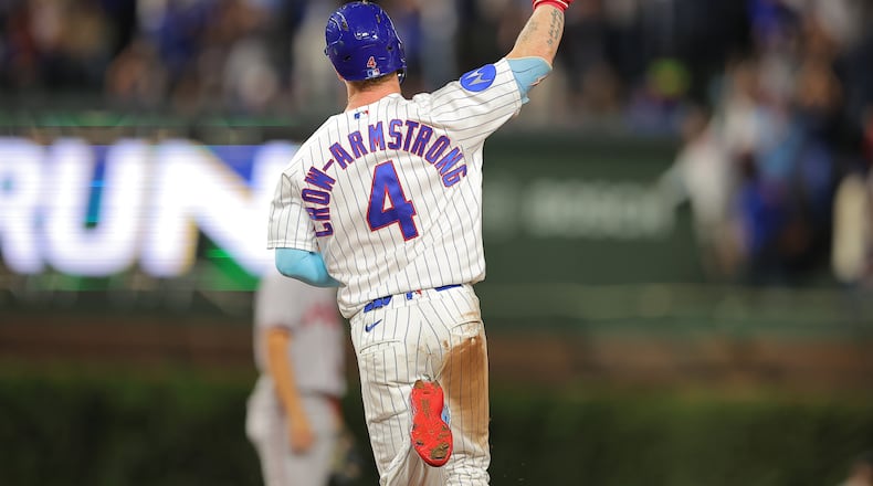 Cubs center fielder Pete Crow-Armstrong, the favorite for NL MVP, celebrates his home run against the Braves on Wednesday, Sept. 16, 2026, in Chicago. (Melissa Tamez/AP)