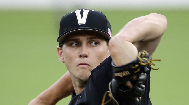 Vanderbilt pitcher Kyle Wright, pictured, was a teammate of Dansby Swanson when the Braves shortstop was a Vandy junior in 2015. The Braves selected Wright with the No. 5 pick in Monday’s draft. (AP Photo/Mark Humphrey, File)