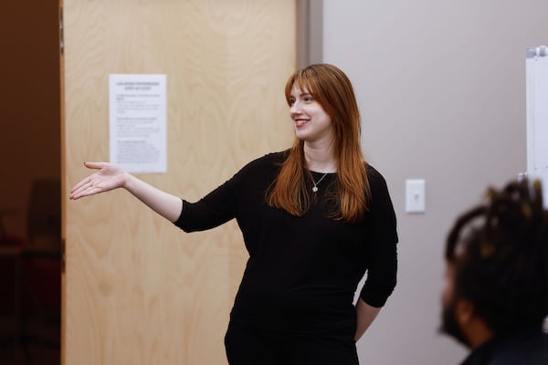 University of Georgia film alumna Clare Methe speaks to students about crowdfunding for her film “From Heaven” at Athena Studios in Athens on Monday, April 7, 2025. (Natrice Miller/AJC)