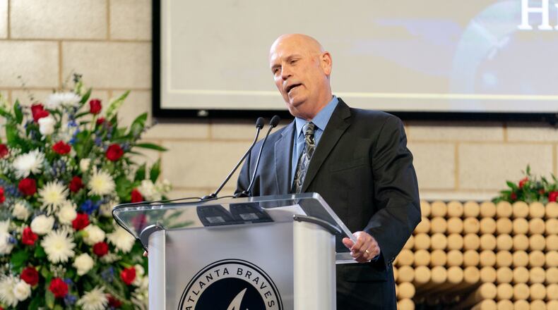Braves Manager Brian Snitker speaks during Tuesday's memorial service for Hank Aaron at Truist Park. Photo by Kevin D. Liles/Atlanta Braves