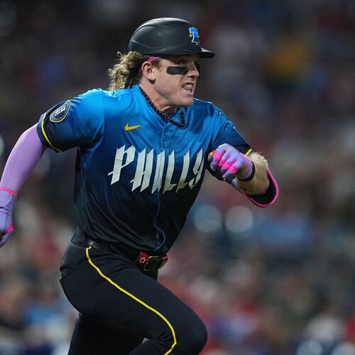 FILE - Philadelphia Phillies' Harrison Bader runs during a baseball game Sept. 26, 2025, in Philadelphia. (AP Photo/Matt Rourke, File)
