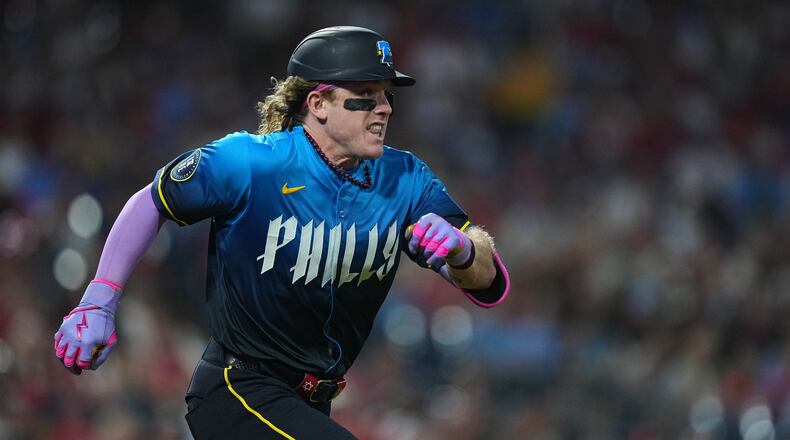 FILE - Philadelphia Phillies' Harrison Bader runs during a baseball game Sept. 26, 2025, in Philadelphia. (AP Photo/Matt Rourke, File)