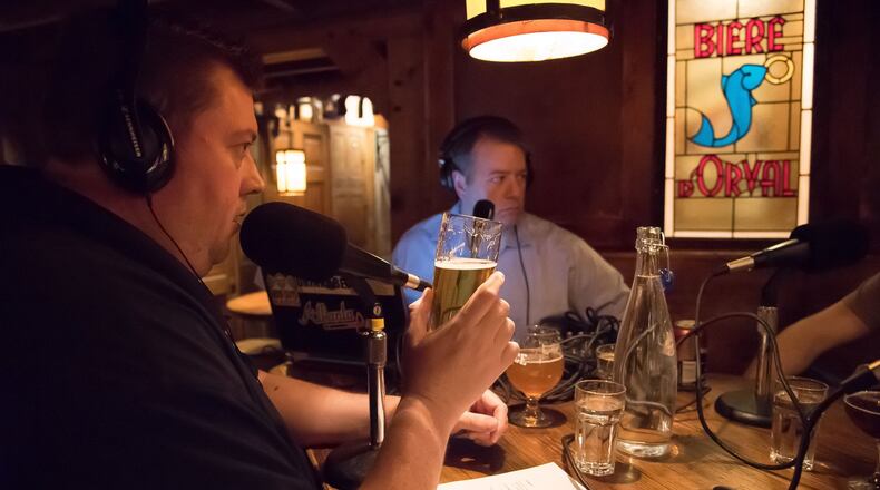Tim Dennis (left) and Aaron Williams of Beer Guys Radio taping an episode at Brick Store Pub in Decatur. Photo credit: Stephen Averett / Electric Engram Photography.