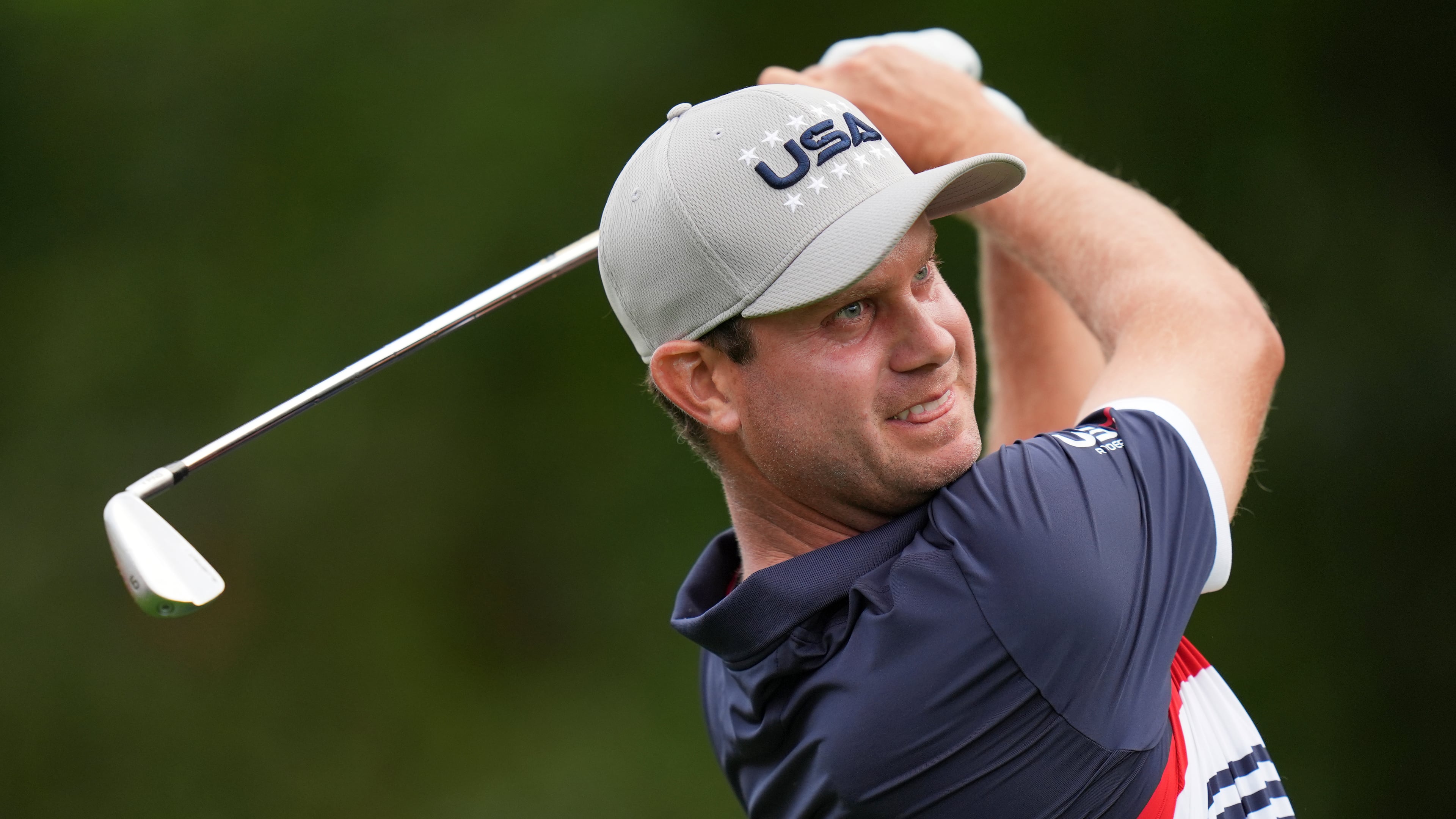 United States' Harris English watches his tee shot on the third hole at Bethpage Black golf course during the Ryder Cup golf tournament, Friday, Sept. 26, 2025, in Farmingdale, N.Y. (AP Photo/Seth Wenig)