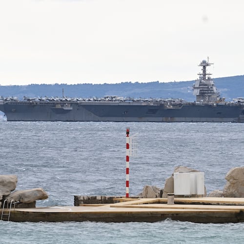 USS Gerald R. Ford arrives to the port of Split, Croatia, Saturday, March 28, 2026. (AP Photo/Tom Dubravec)