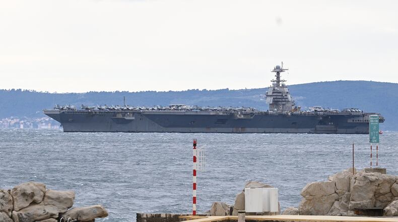 USS Gerald R. Ford arrives to the port of Split, Croatia, Saturday, March 28, 2026. (AP Photo/Tom Dubravec)