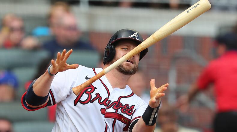 0Braves catcher Stephen Vogt loses control of his bat while taking strike three for the out against the Cincinnati Reds during the second inning of a MLB baseball game on Thursday, August 12, 2021, in Atlanta.   “Curtis Compton / Curtis.Compton@ajc.com”