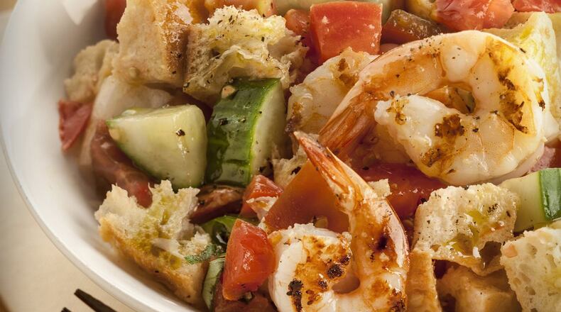 Finished dish photo of panzanella salad in the Tribune Studio on Wednesday, 21 Aug 2013 for the Dinner tonight column in the Good Eating section. Styling by Lisa Schumacher. (Bill Hogan/Chicago Tribune)