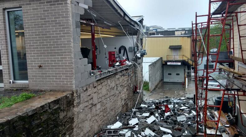 Monday weather damage from Piedmont Road at Anaheim Automotive. (Credit: Channel 2 Action News)