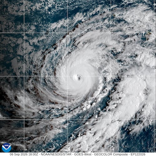 This satellite image released by NOAA shows Hurricane Lowell approaching Hawaii, Sunday, Sept. 6, 2026. (NOAA via AP)