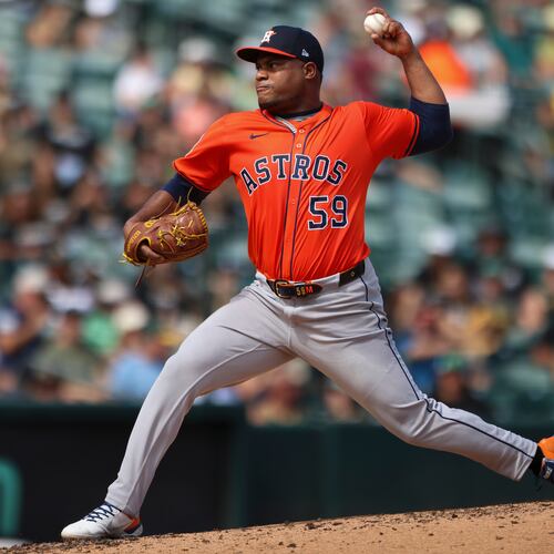 FILE - Houston Astros pitcher Framber Valdez throws to an Athletics batter during the third inning of a baseball game Sept. 25, 2025, in West Sacramento, Calif. (AP Photo/Scott Marshall, File)