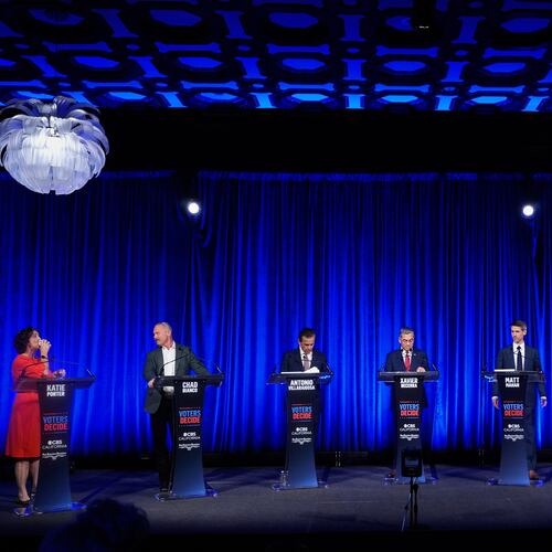 From left, Katie Porter, Chad Bianco, Antonio Villaraigosa, Xavier Becerra, Matt Mahan, Steve Hilton and Tom Steyer wait during a break at a California gubernatorial debate hosted by CBS Bay Area and the San Francisco Examiner in San Francisco, Thursday, May 14, 2026. (AP Photo/Godofredo A. Vásquez, Pool)
