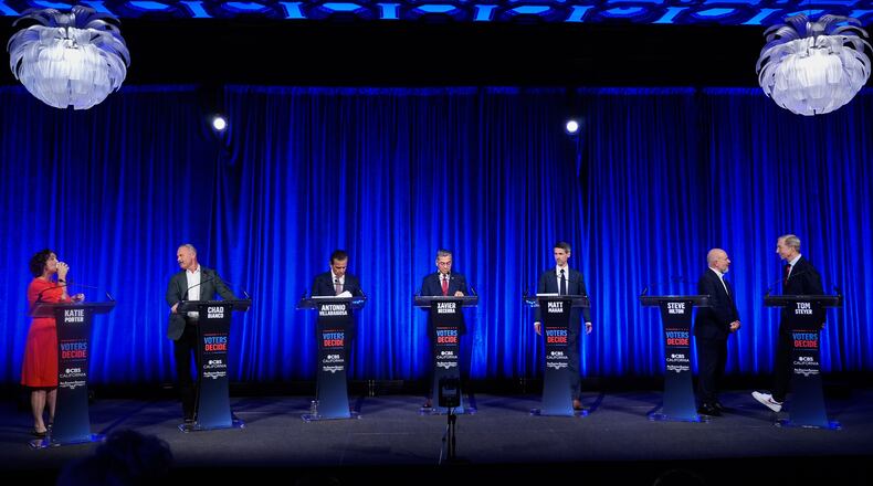 From left, Katie Porter, Chad Bianco, Antonio Villaraigosa, Xavier Becerra, Matt Mahan, Steve Hilton and Tom Steyer wait during a break at a California gubernatorial debate hosted by CBS Bay Area and the San Francisco Examiner in San Francisco, Thursday, May 14, 2026. (AP Photo/Godofredo A. Vásquez, Pool)